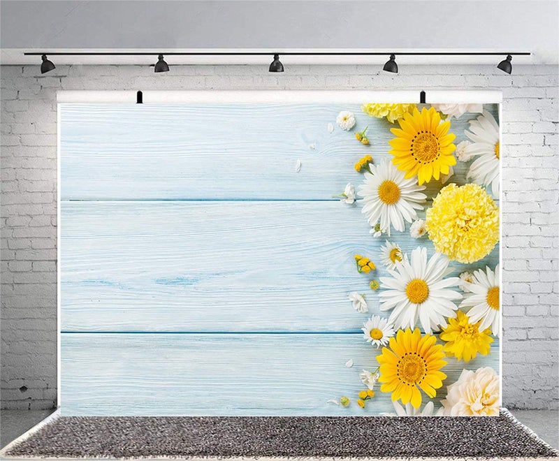 Sensfun 7x5ft Blue Wood Photography Backdrops Spring Theme Yellow White Daisy Flowers on Light Wood Plank Photo Background for Bridal Shower Birthday Party Children Photoshoot Studio Props(WP094) - Image 2